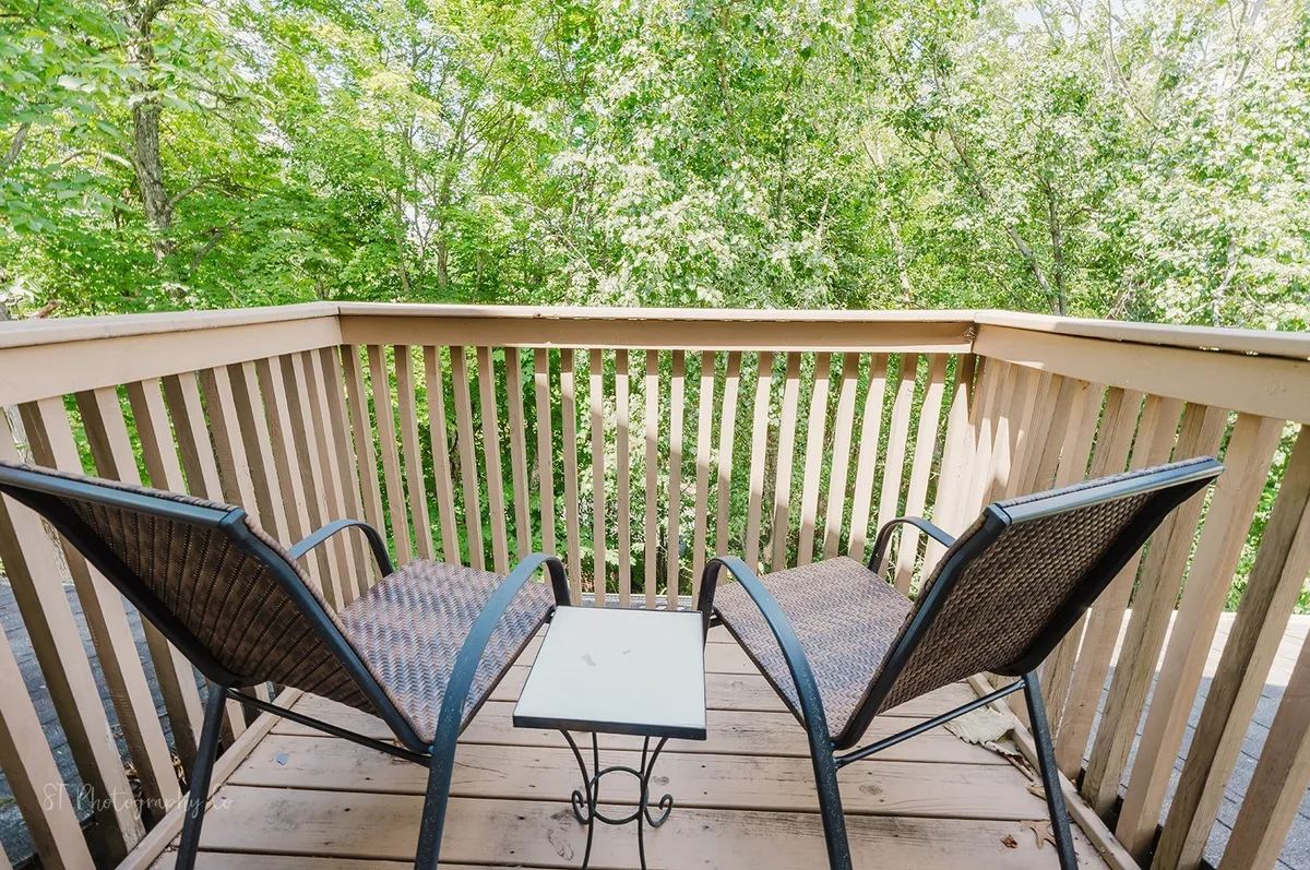 This image shows two patio chairs and a small table nestled in a lush, green outdoor setting. The view is calm and inviting, with dense foliage surrounding the seating area, suggesting a private and peaceful retreat in the woods.